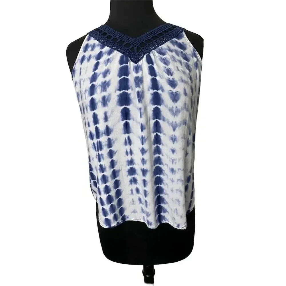 Cato Women's Blue Tie-Dye Crochet Accent Sleeveless Tank Top Size S 2148